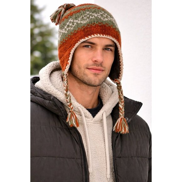 D&Y Other - D&Y 100% Wool Knit Earflap Beanie Hat Fleece Lined Nepal Orange Green Nordic